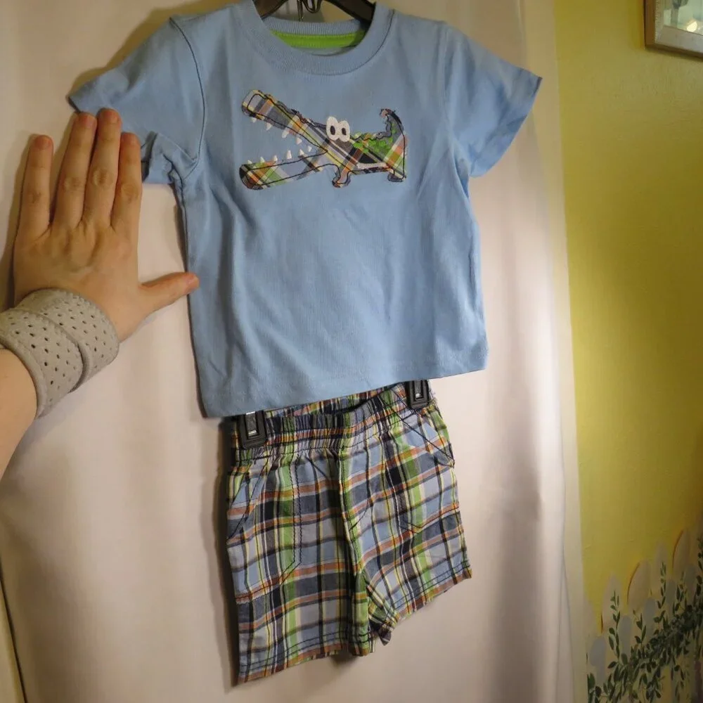 Baby Plaid Alligator Crocodile 2pc shirt & shorts 9mts 100% cotton embroidered